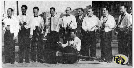 Which one is Rex? - This is Ted Mack's musical aggregation that entertained San Diego Fox Theatre Patrons just around the onset of the great depression of the thirties. (L-R): Harry James (not the famed band-leader), Oakley Haldeman (trumpet,) Bill Peery (trombone), Rex Koury (with the accordion), Al Jefferson (violin), Ted Mack, Myron Collins (percussion), Bill Hopkins (sax), Hartzell Jones (Sax), Bob Yeargin (Sax), and Walter Bunker (bass violin).
