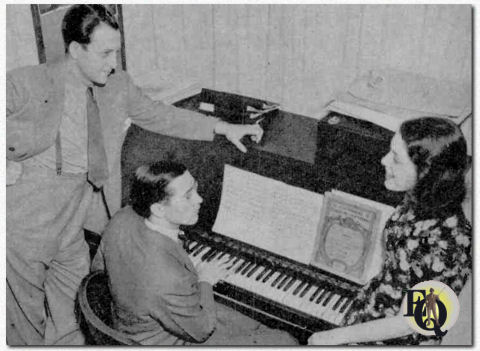 Lyn Murray (at piano), up-and-coming orchestra leader and choral director, rehearses Baritone Barry Wood and Nan Wynn, "Mistress of Song." Wood, Murray and Miss Wynn co-star in CBS' Sunday evening "Musical Gazette" ("Radio Guide", April 1938)&nbsp;